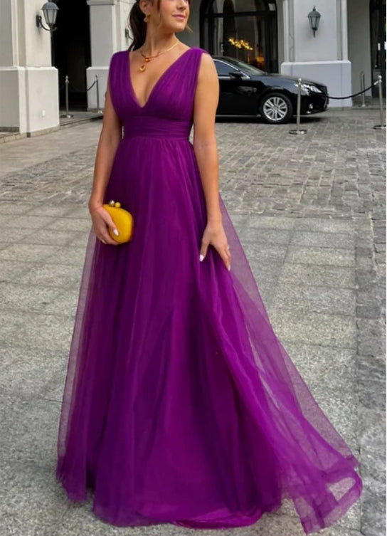 Luolandi Dark Purple V Neck A-Line Tulle Long Formal Party Dress Sexy Evening Dress Formal Dress